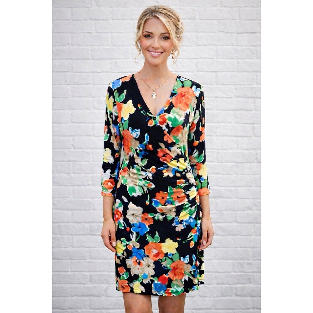 Lauren Ralph Lauren Floral Sheath Dress Midi V Neck Ruched Waist Medium